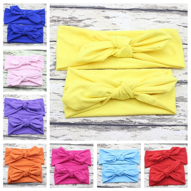Erapinky2 Pcs/Sets Solid Rabbit Ears Headbands For Mom/Baby Bowknot Parent-child Hair Accessories Cotton Head Wrap Baby Headwear |
