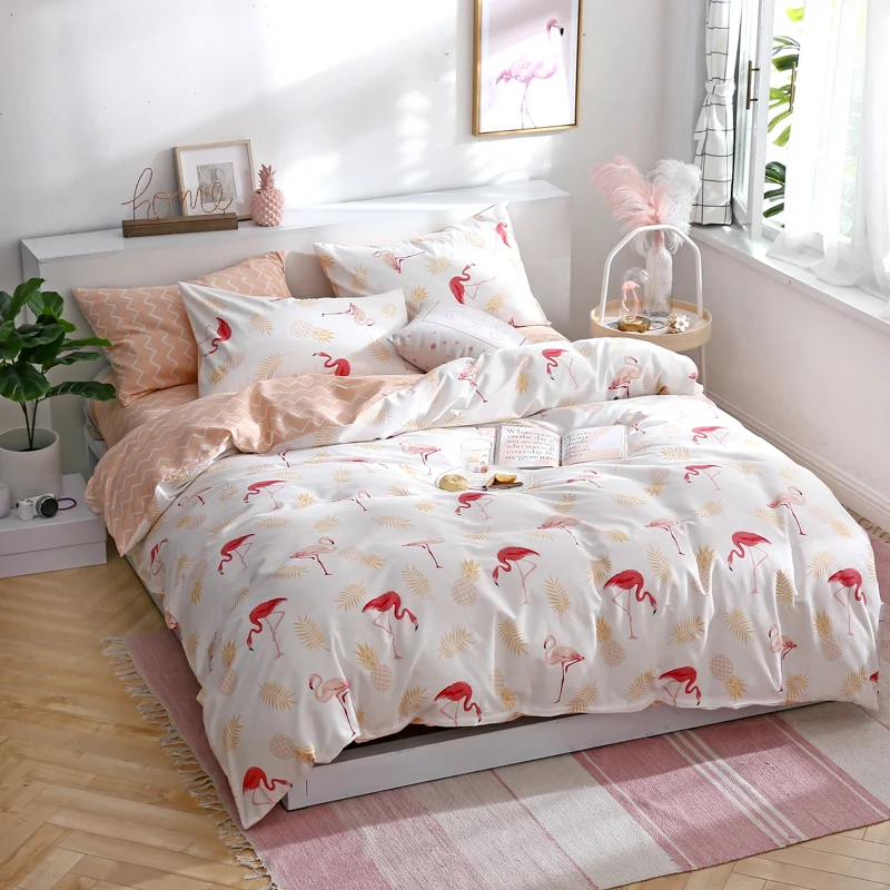 

Red Cotton Bedding Set 3/4pcs Queen King Size 3d Flamingo Leaf Duvet Cover Bed Sheet Set Fitted Sheet Parure De Lit Pillowslip