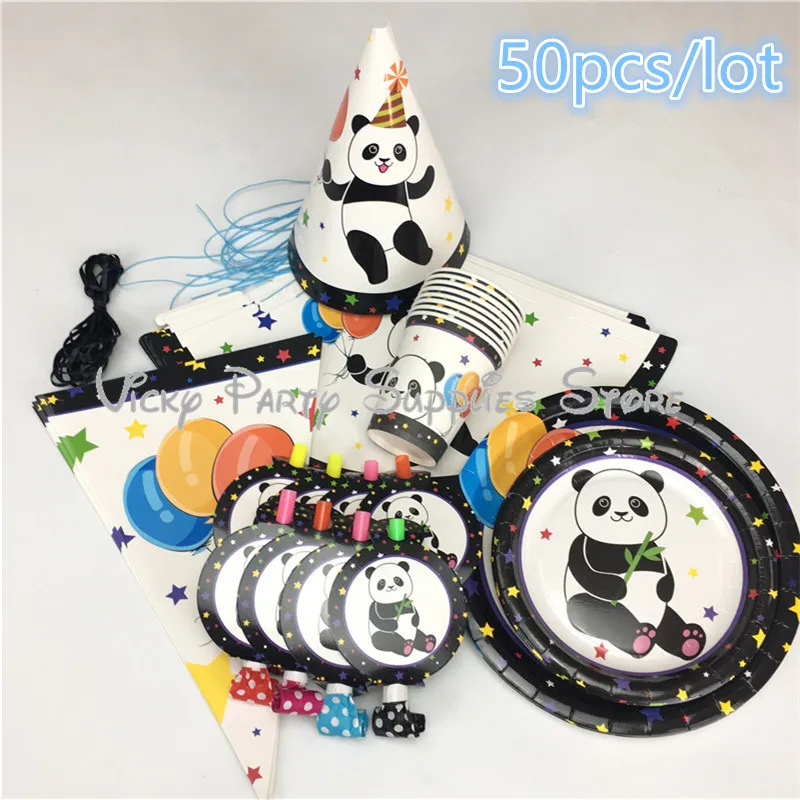 

50pcs/lot Cartoon Panda Disposable Tableware Set Panda Animals Birthday Baby Shower Cup Plate Party Decoration Supplies