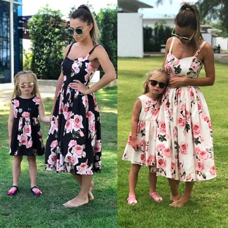 

2019 Family Matching Women Kids Girls Flowers Sleeveless Dress Sundress Summer Strap Sleeveless Clothing