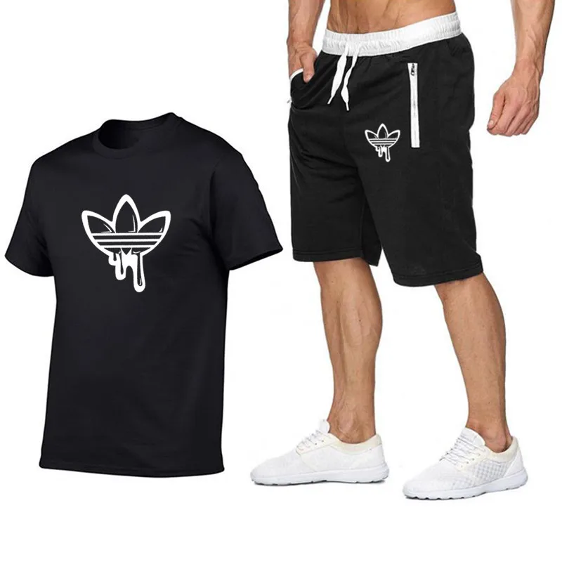 

Newest Summer High quality men T shirt casual short sleeve o-neck 100% cotton t-shirt+Shorts 2 Pieces Sets men brand tee shirt