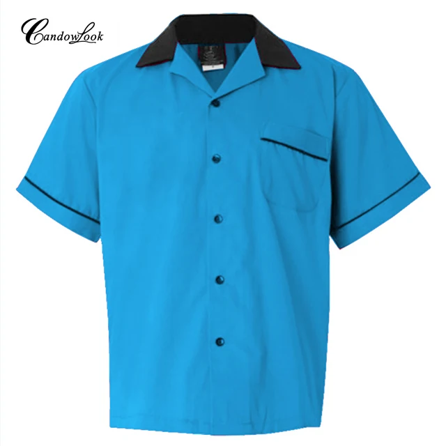 Special Price New Arrived Factory Wholesale Short Sleeve Mens Vintage 70's 2-Tone Blue & Black Bowling Shirt With Pocket