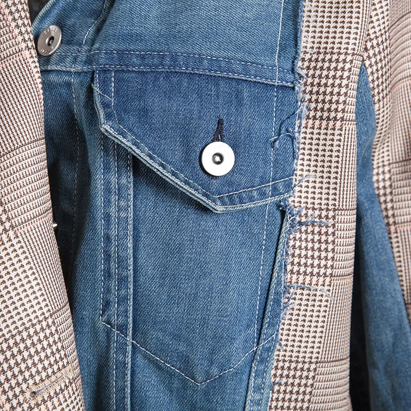low cost  [EAM] 2020 New Autumn Winter Lapel Long Sleeve Blue Denim Plaid Split Joint Irregular Loose Jacket 