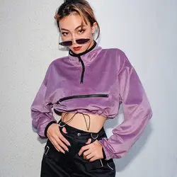 Women'sPurple zipper Crop Топы водолазка с капюшоном свитер с длинными рукавами пикантные узкие Костюмы Женский пуловер Короткие кофты