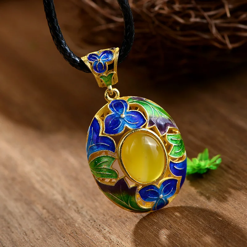 Female Vintage Pendants Cloisonne Inlaid Stone Pendant 925 Silver