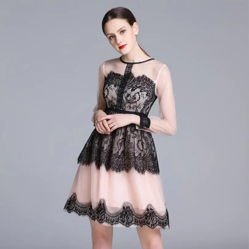 2018 Lace High end Dress Empire Long Sleeve Perspective Elegant Tunic