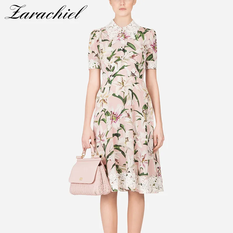 

Designer Runway Sweet Lily Print Pink Dress 2019 New Fall Women's Short Sleeve Lace Peter Pan Collar Floral Button Ladies Dress