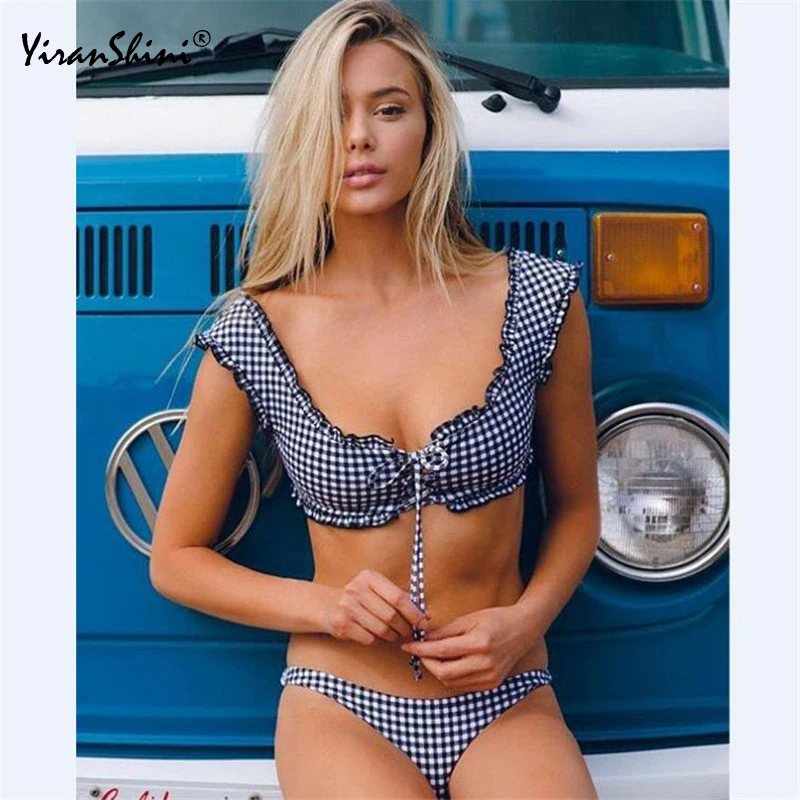 

YIRANSHINI Grid Thong Biquinis 2018 Sexy Backless Bikini Set Brazilian Beach Bathing Suit Bikinis Push Up Maillot De Bain Femme