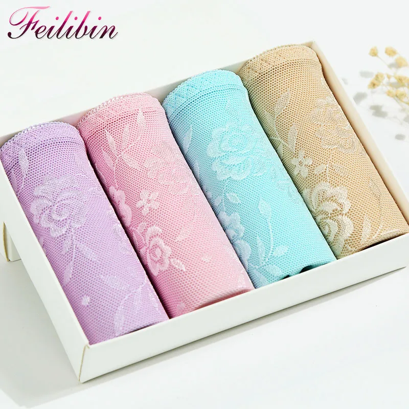 

Feilibin 4PCS/lot High Waist Panties Seamless Women Slimming Briefs Body Shaperwear Underwear Lady Sexy Lace Women Underpants