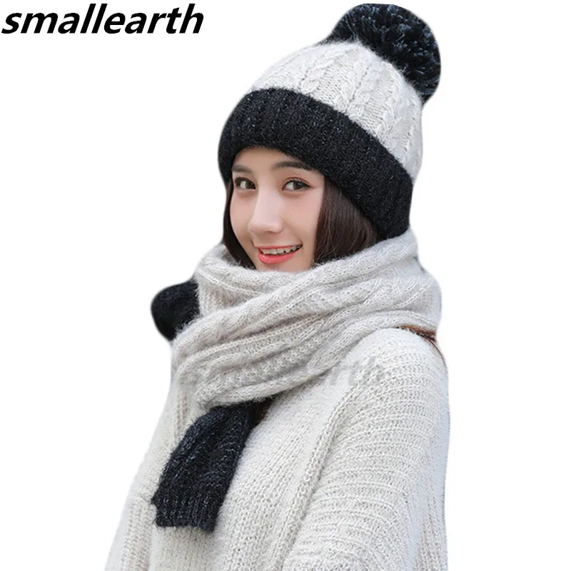 

2019 Winter Women Knitted Hat Scarf 2Pcs Set Fashion Wool Thick Hat Collars Female Warm Hat Long Scarf Set Cute Snow Cap Beanies