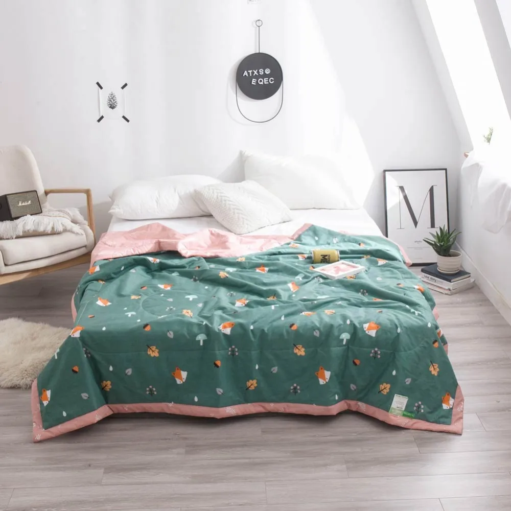 

2019 Dark Green Leaves Fox Thin Summer Quilt Air-condition Stitching Comforter Cotton Fabric Polyester Twin Full Queen Size
