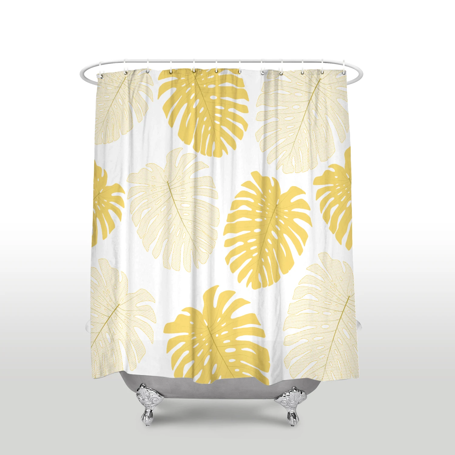 Waterproof Tropical Plants Shower Curtain with Hooks Polyester Fabric Monstera Pattern Yellow