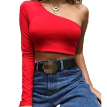 LOSSKY One Shoulder Slope Neckline T Shirt Sexy Solid Long Sleeve Women’s Tshirt White Black Crop Top T-shirt 2018 New Fashion