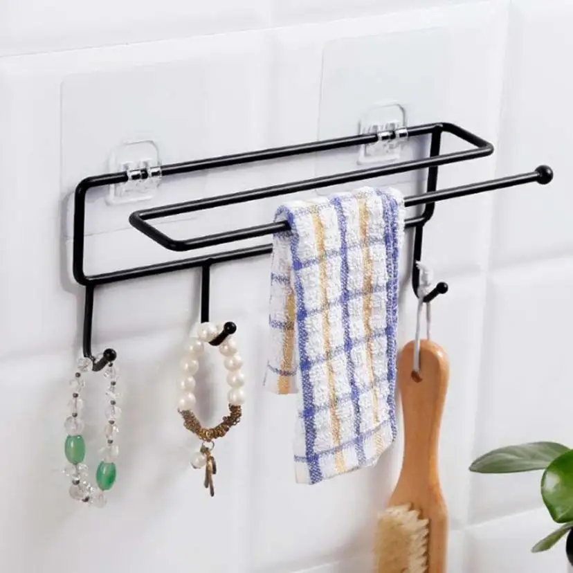 Крепкая прозрачная настенная вешалка на присоске с 4 крючками для ванной комнаты и кухни, Прямая поставка, Q13 30 - Цвет: Черный