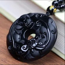 Красивый ручной работы натуральный черный обсидиан резные PiXiu безопасности пряжки счастливые подвески+ ожерелье ювелирные изделия