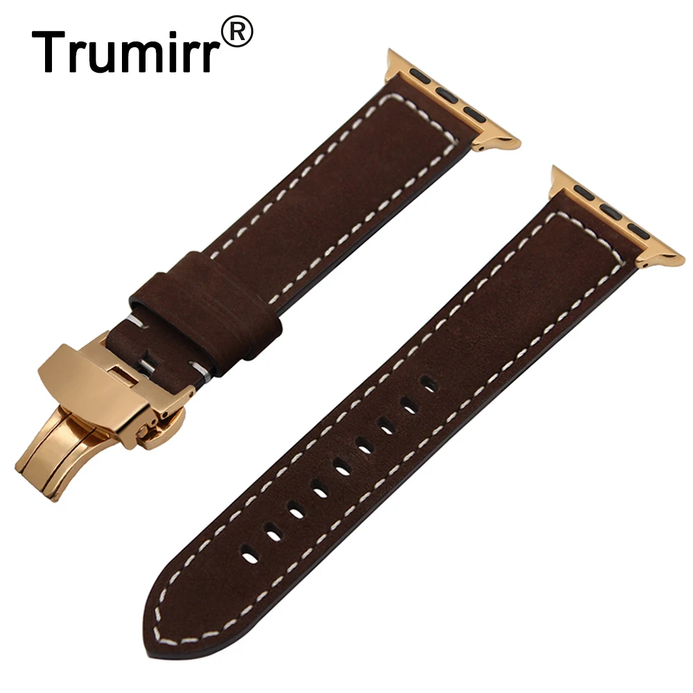 Prix Italien Véritable Bracelet En Cuir pour Apple iWatch Montre 38mm 40mm 42mm 44mm Série 4 3 2 1 bande En Acier Papillon Boucle Sangle