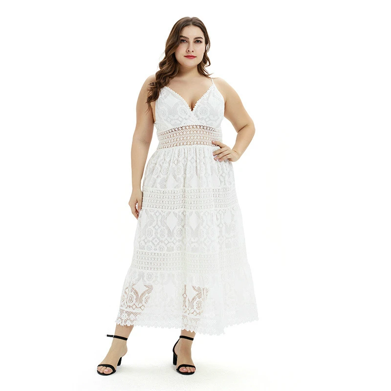 Plus Size Lace Dress Women Elegant White Dress Low Cut Backless Sexy Maxi Dress Hollow Out Office Vestidos 2022 Summer Clothes