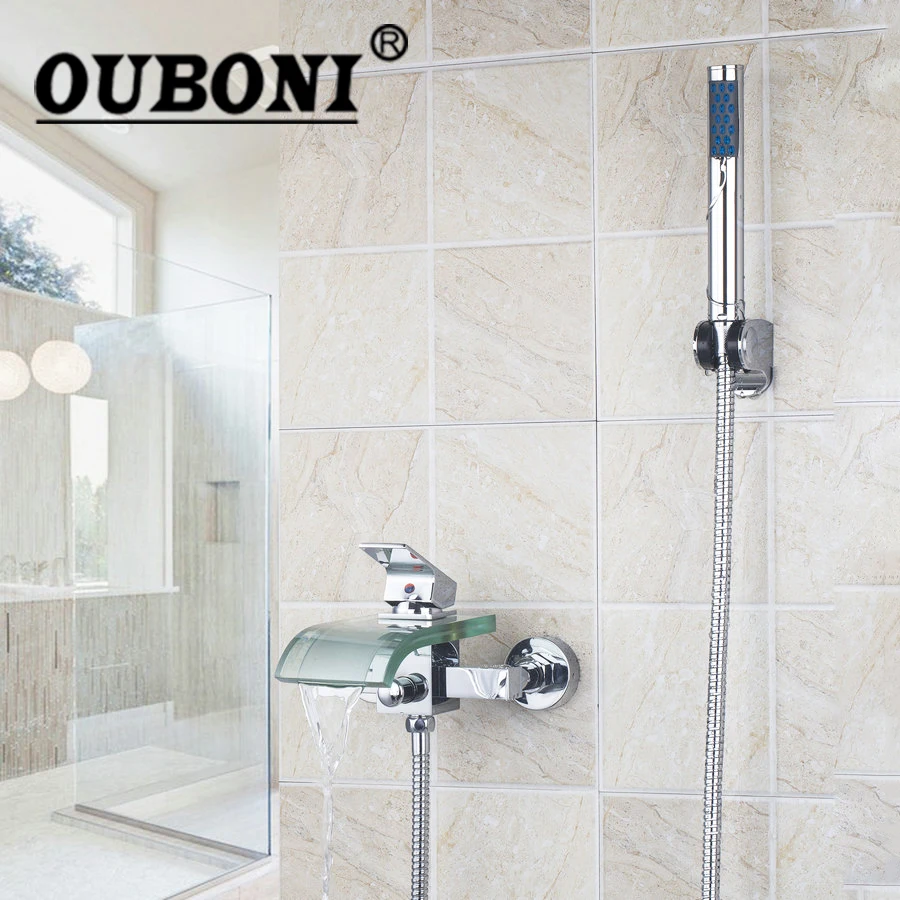 OUBONI Bathroom Bathtub Faucets Chrome Brass Handle Wall Mounted Waterfall Clear Glass Spout