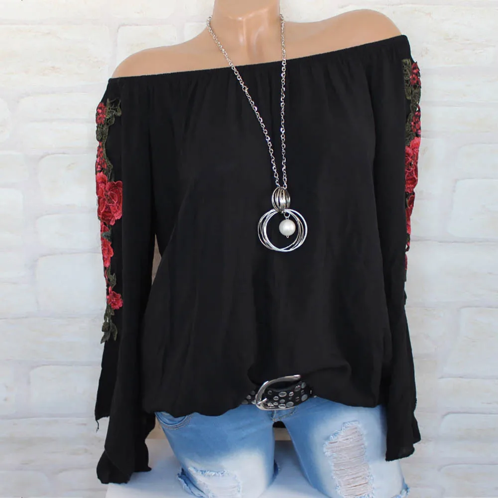 

ISHOWTIENDA Womens Tops and Blouses Sexy Off Shoulder Tops Long Sleeve Embroidered Applique Blouse bluzki damskie Female Blusas