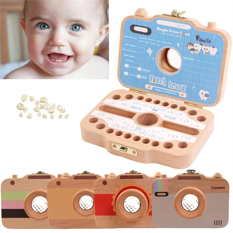  Children Camera Shape Tooth Teeth Storage Box Wooden for Baby Save Milk Teeth Gifts for Infant Kids