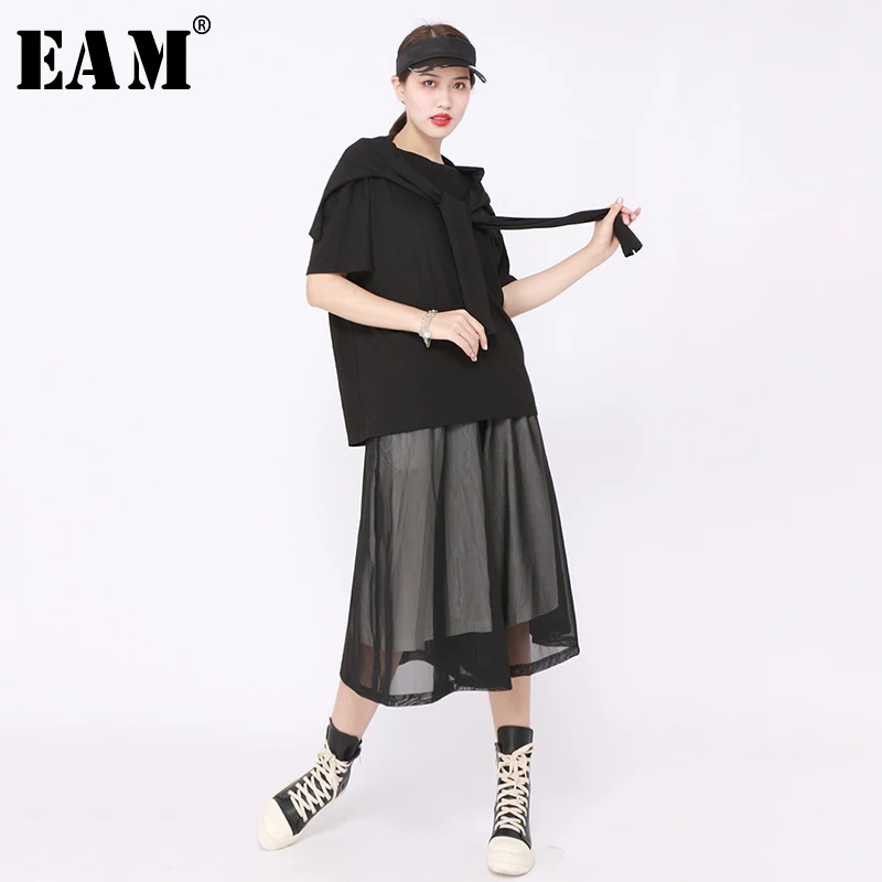 

[EAM] 2019 New Spring Summer Round Neck Half Sleeve Black Bandage Split Joint Loose Big Size T-shirt Women Fashion Tide JW646