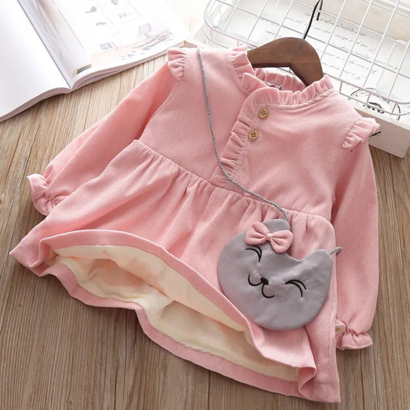 

2019 New Han Edition Baby Girls Long-sleeved Dress+Decoration Pocket Baby Autumn Winter Cotton Corduroy With Velvet Padded Dress
