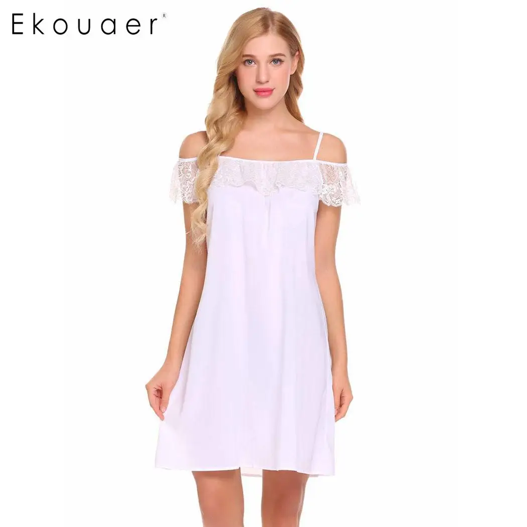 Ekouaer Women Nightgown Sleepwear Lounge Off Shoulder Ruffled Chiffon