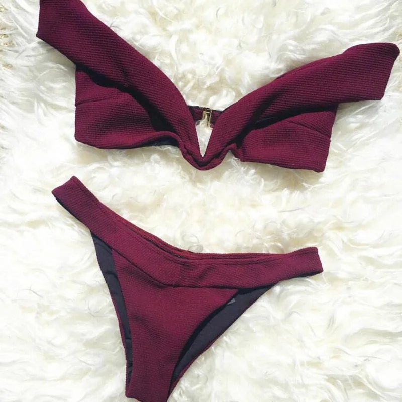 Sexy Off Shoulder Beach Bathing Suit Swimwear Women Bikini Set Push Up Brazilian Thong Bottom Red Bikinis Swimsuits (4)