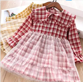 

2019 Autumn Girl Cotton Plaid Tulle Dresses Fashion Sweet Girls Long Sleeve Dress high-grade Children Cothes