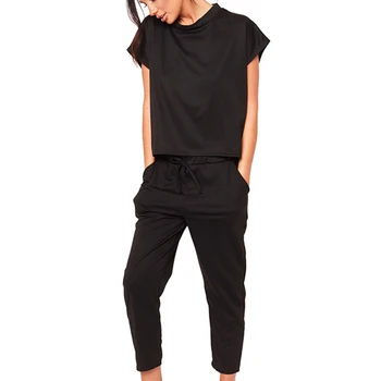 

2 PCS Women Sets Solid Loose Workout Suit Women Short Sleeve T-shirt Drawstring Pants Fitness Set Active Wear