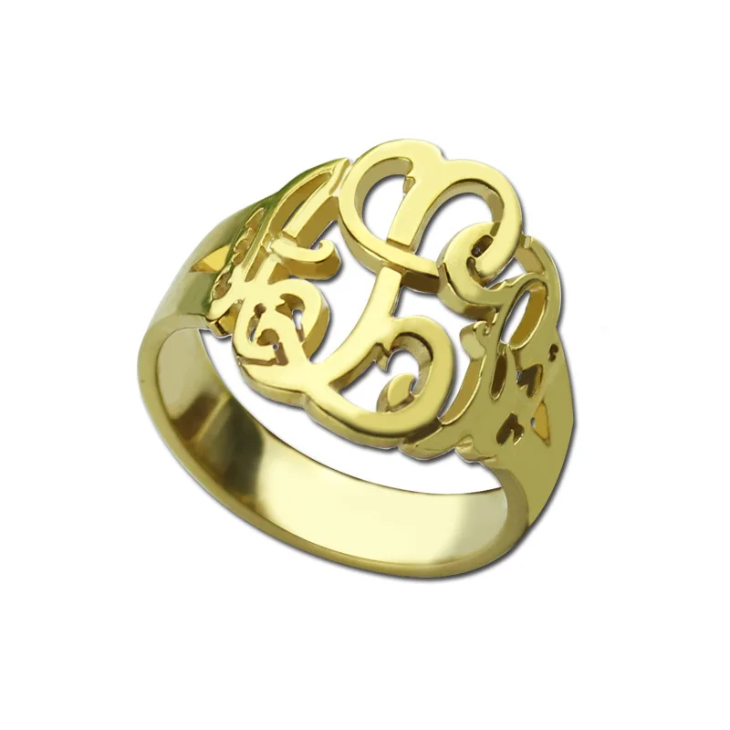 AILIN Gold Color Monogram Ring Personalized Hand Script Initial Name Ring Cut Out Nameplate Ring ...