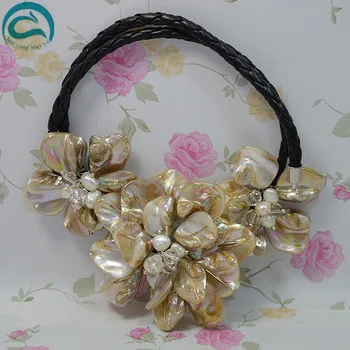 

Unique Pearls jewellery Store Stunning Natural White Freshwater Pearl Crystal Shell Flower Necklace Black Rope Women Jewelry