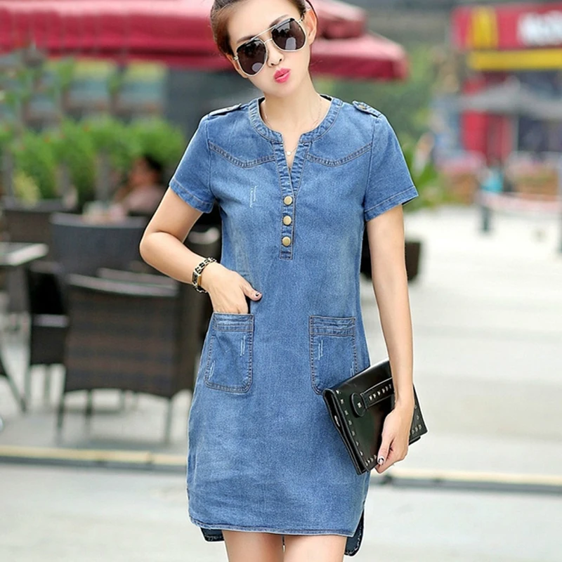Женское Модное платье, одежда, Летнее Мини платье с коротким рукавом, повседневное, плюс размер 3XL 4XL, джинсовое платье 176A 60 - Цвет: light blue