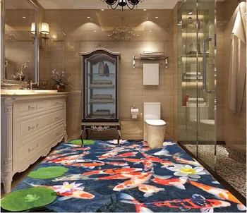 

Custom mural 3d flooring picture pvc self adhesive sticker wall paper Lotus carp frog decor painting 3d wall murals wallpaper