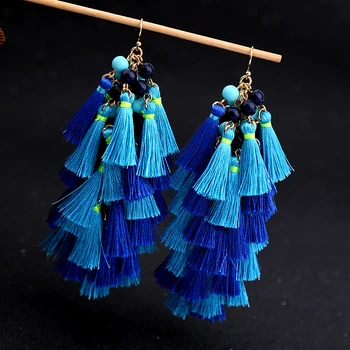 

Big Chunky Layered Blue Fringe Tassel Earrings Statement Women Handmade Ethnic Earrings Fashion Jewelry Brincos Gifts