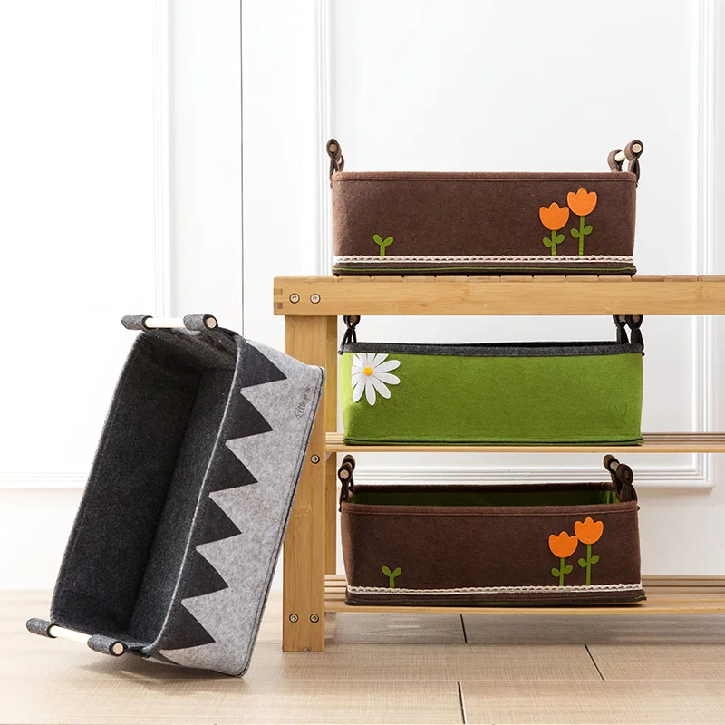 Buy folding Wooden handle felt fabric storage baskets