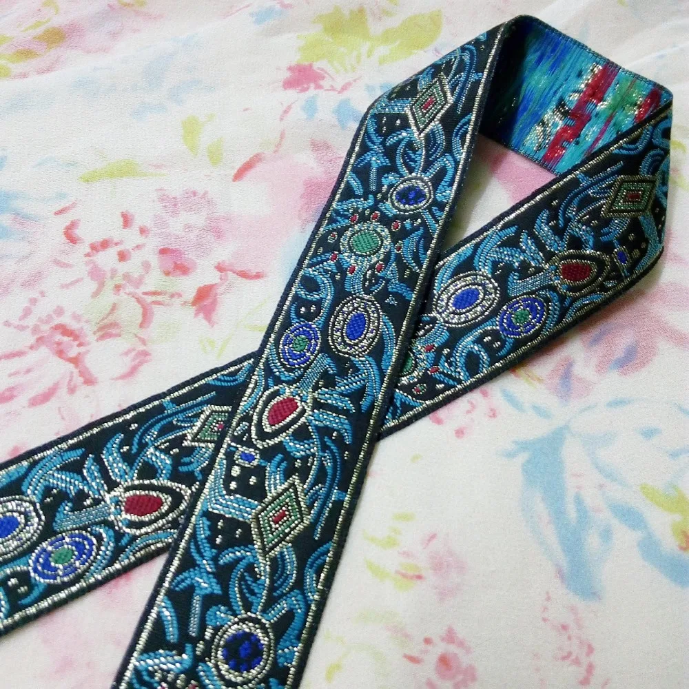 

3.3cm 33mm 1-3/8' Black Red Blue Green Colorful Gold Filigree Turquoise Geometric Costume Laciness National Jacquard Ribbon Lace