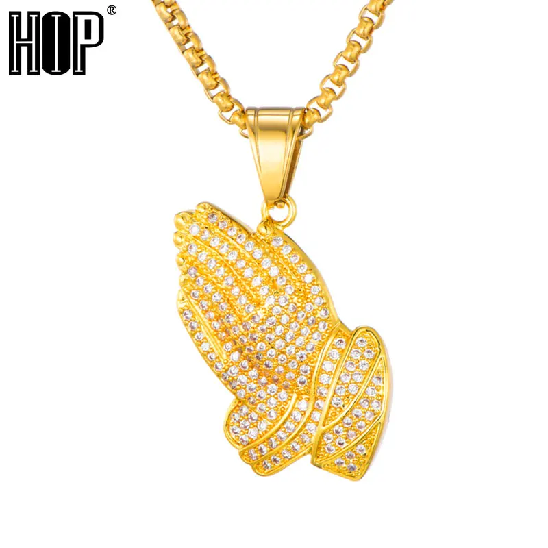Хип-хоп, полностью Стразы, ожерелье с подвеской, золотой цвет, нержавеющая сталь, молитвенная рука, ожерелье, s& Кулоны для Мужчин, Ювелирные изделия
