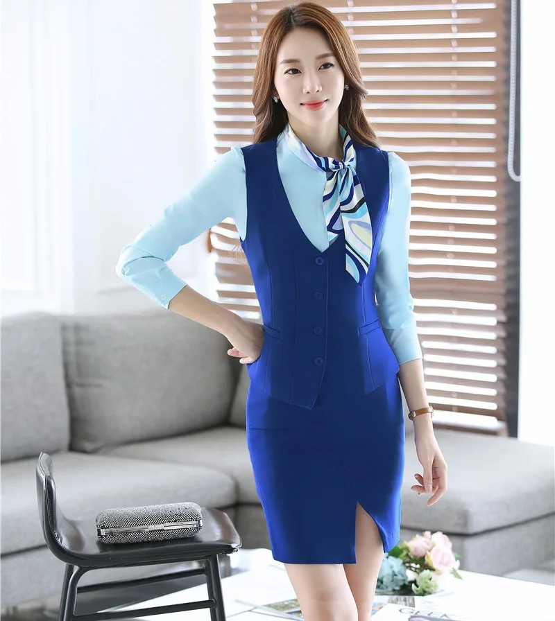 Formal OL Styles Professional Work Suits 2 Piece With Vest And Skirt Spring Fall Beauty Salon Office Ladies Blazers Outfits