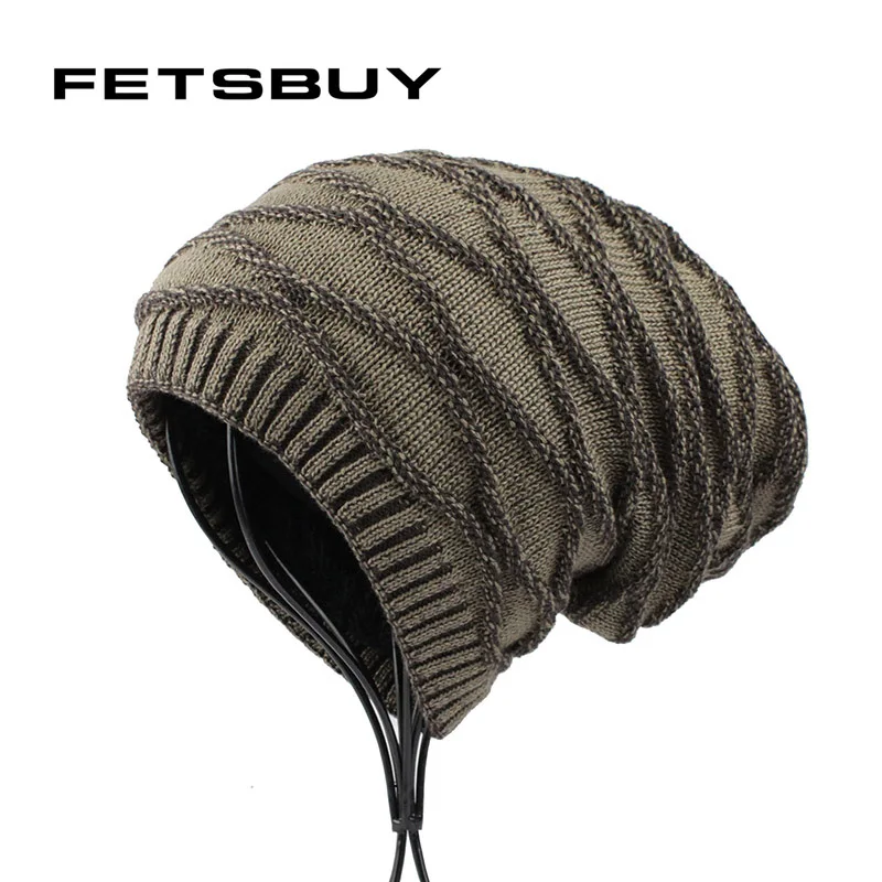 [FETSBUY] Winter Beanie Bonnet Hat Men Warm Knitted Wool Solid Cap Women Double Layer Thick Skullies Hip Hop Muts Gorros 18008