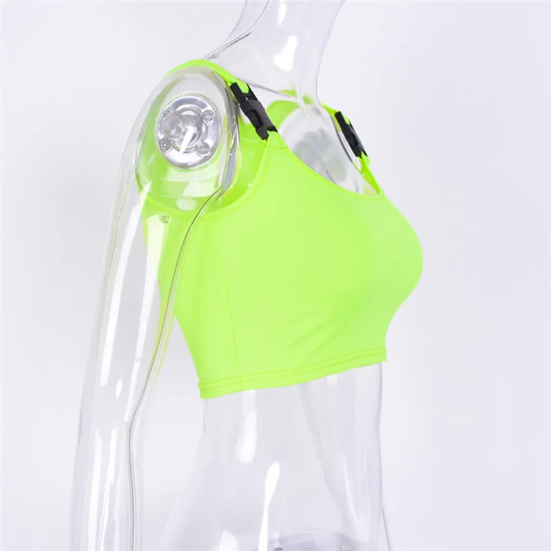 Флуоресцентный зеленый хип-хоп панк женский укороченный топ с пряжкой спереди жилет спортивный бюстгальтер-стрейч голые майки