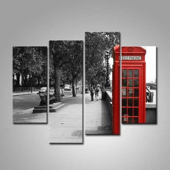 

Modern Wall Art Decor London Street Red Telephone Booth Paintings Home Decorative Gray Picture Paint on Canvas Prints No Frame