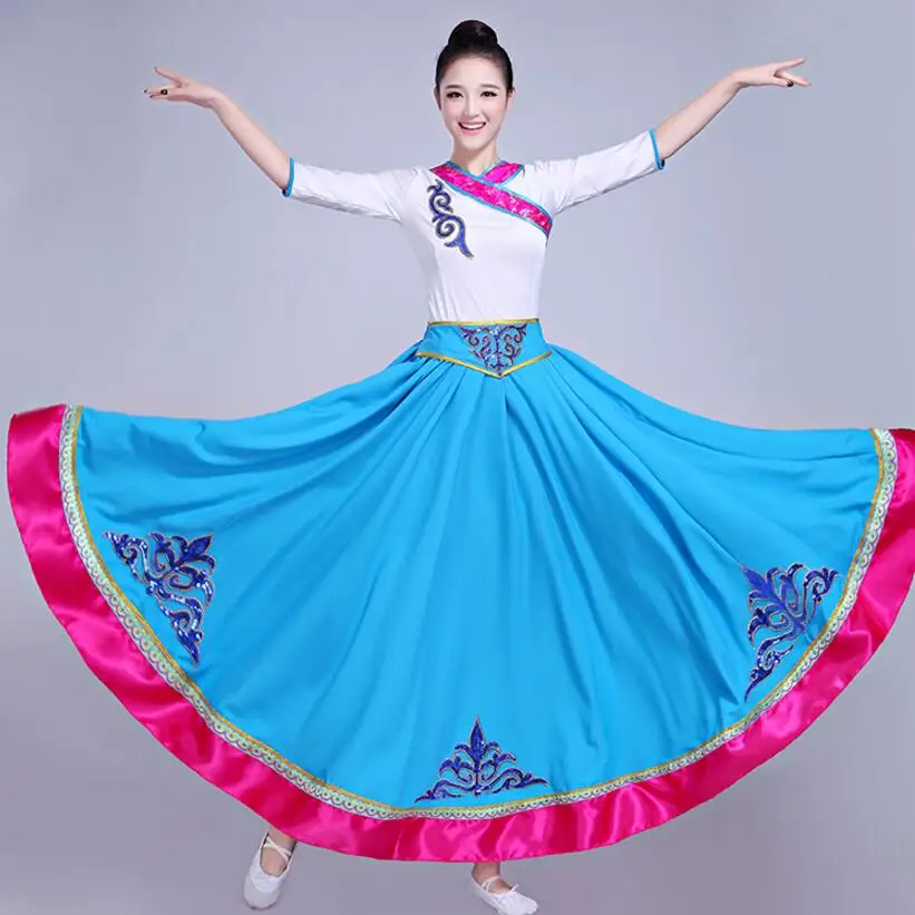 

Chinese Folk Dance Costume stage wear Mongolian Tibetan style Performance dress (top+Long skirt)womens festival dance clothing