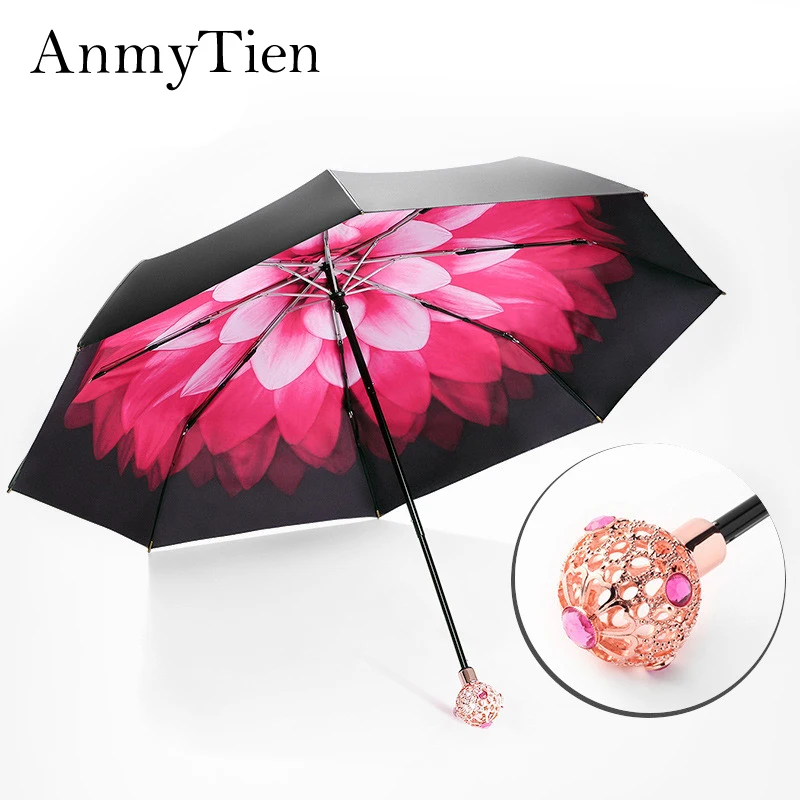 

Black Umbrella Uv Sunshade Folding Female Women Strong Windproof Guarda Chuva Flower Umbrella Pattern Rain Gear For The Sun