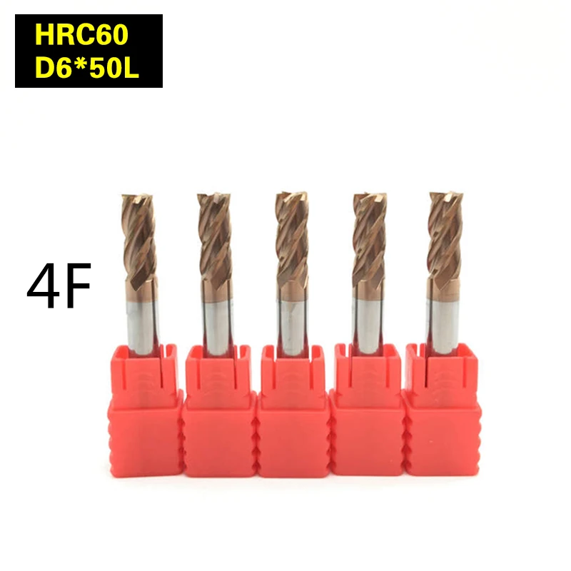 

5PCS 4F-D6*50L HRC60 material Carbide Square Flatted End Mill 4 flute mill diameter 6mm High-speed machine Milling Cutter