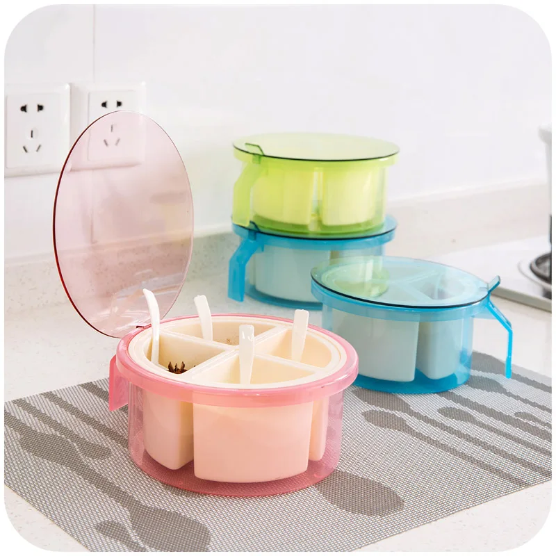 

Kitchen circular multi-compartment with spoon seasoning box, sugar and salt seasoning cans plastic condiments seasoning box
