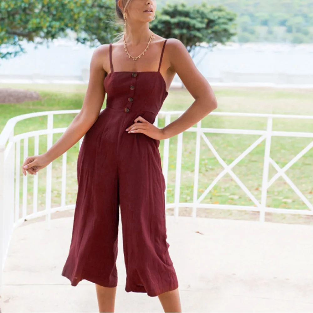 Womens Daily Summer soft and comfortable Strappy Soild Button Long Trouser Playsuits Jumpsuit Rompers L50/0116