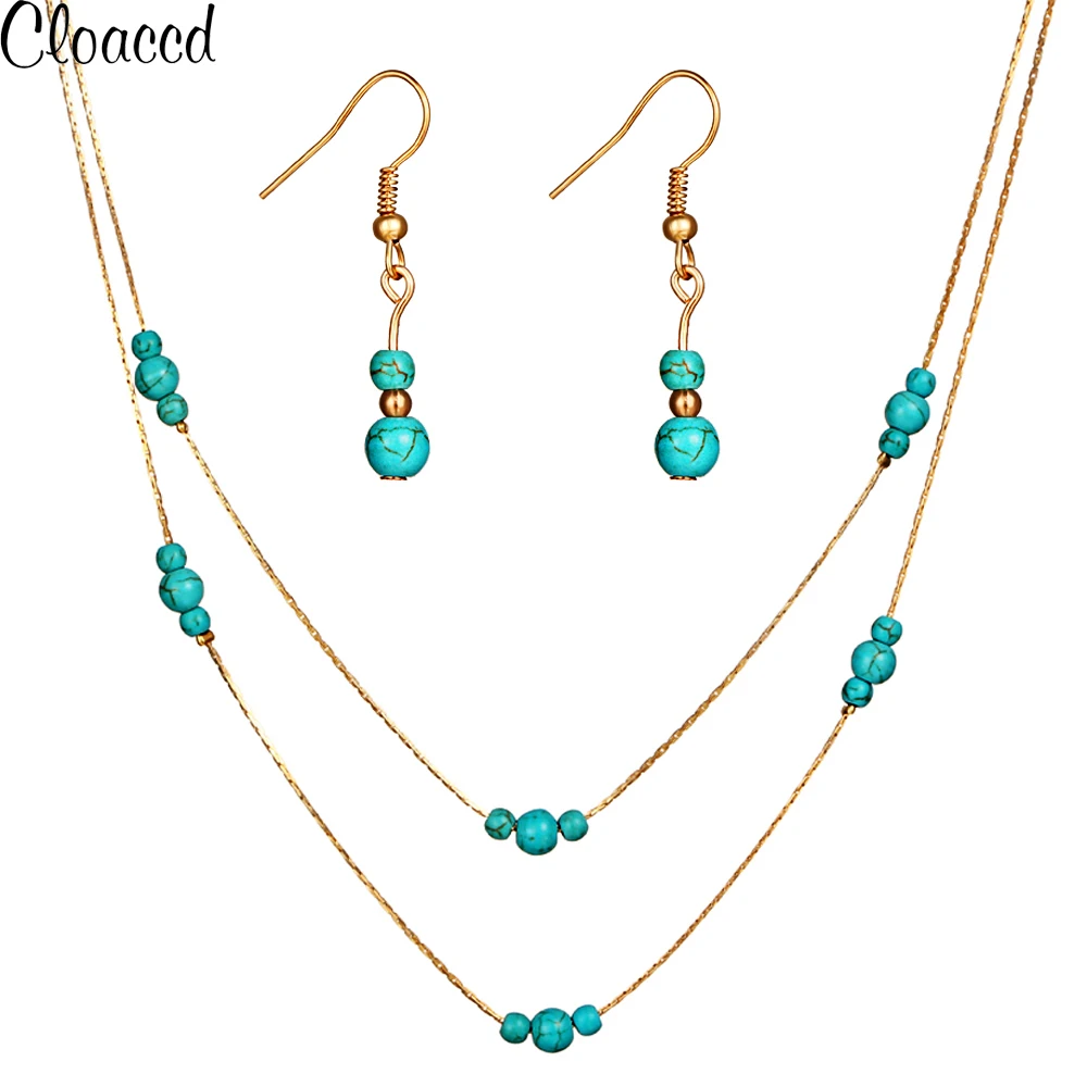 

New Fashion Stone Beads Jewelry Sets for Women Gold Color Chian Necklace Dangle Earrings Statement Jewelry Gifts