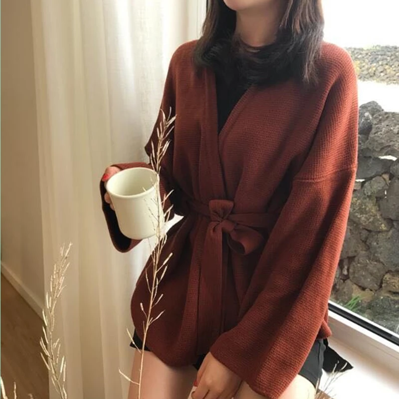 Flectit Women Cardigan With Tie Belt Wide Sleeve Open Front Cozy Knit Cardigan Ladies Knitwear Autumn Winter Cardigans Sweater