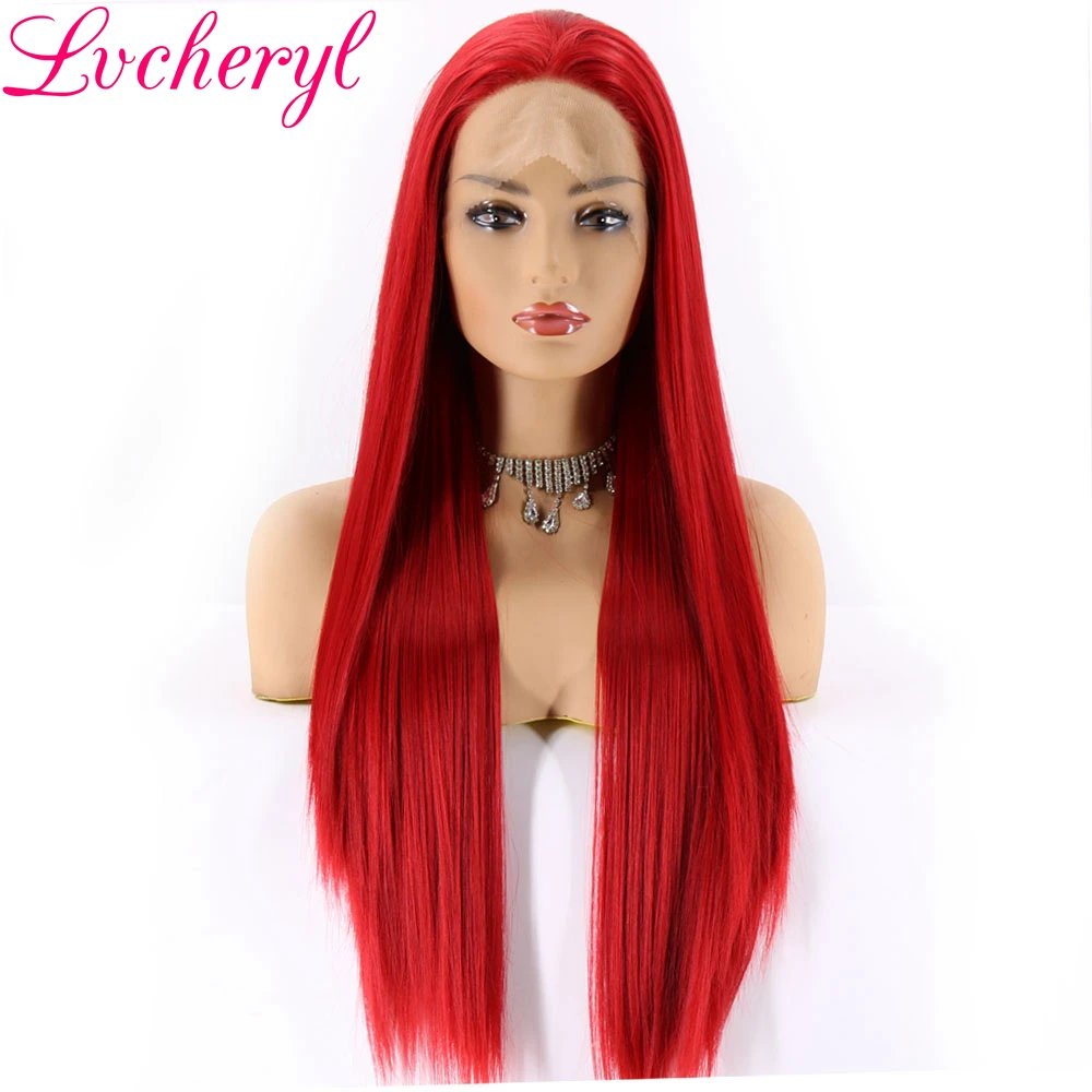 

Lvcheryl Trendy Red Color Sliky Straight Hand Tied High Density Heat Resistant Glueless Synthetic Lace Front Wigs Free Parting